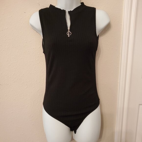Women Sleeveless Knit Bodysuit Black Color 1/4 Zip up front closure. Mock Neck. - Picture 4 of 12